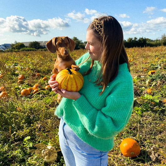 Sprinkle Club - Holly the creator of Sprinkle Club standing in a pumpkin patch holding Newt and a pumpkin