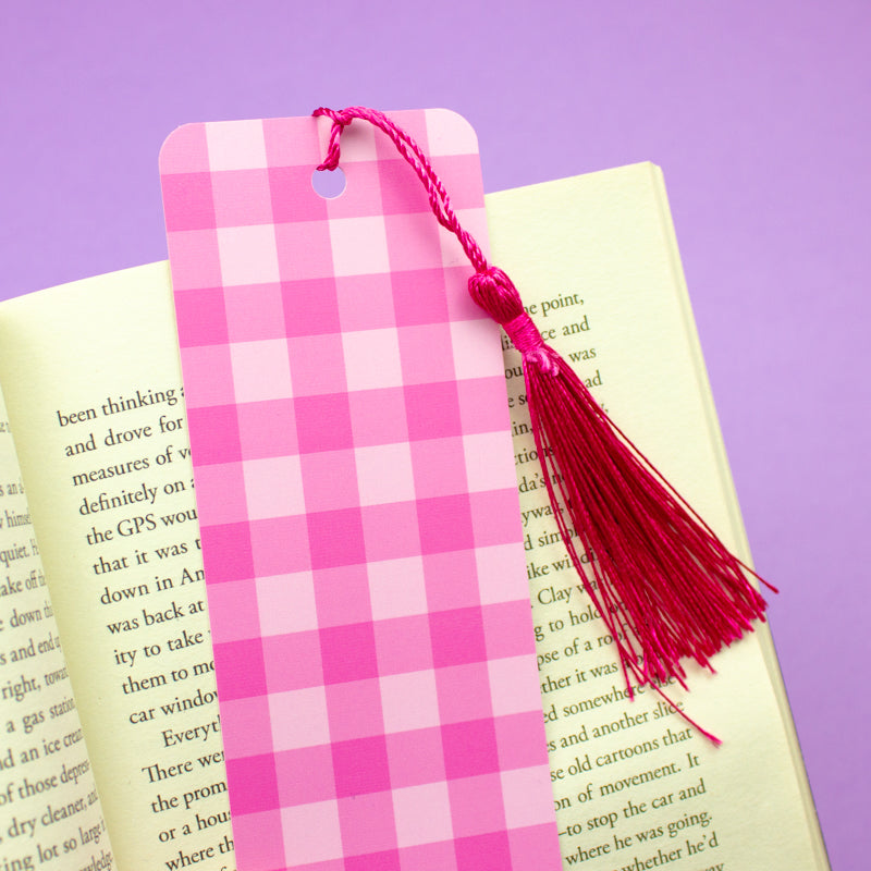 Sprinkle Club - A pastel baby pink gingham bookmark with a bright pink tassel