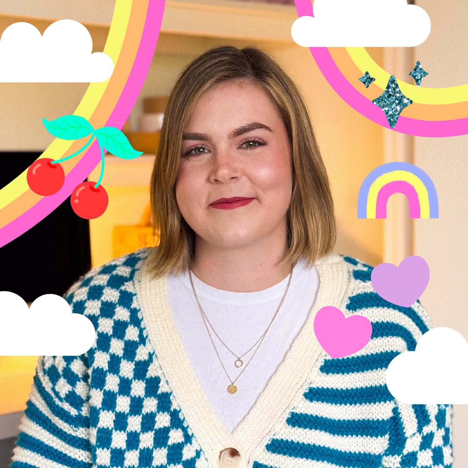 Sprinkle Club - Holly from Sprinkle Club wearing a blue and white checkered cardigan with colourful graphic elements in the background