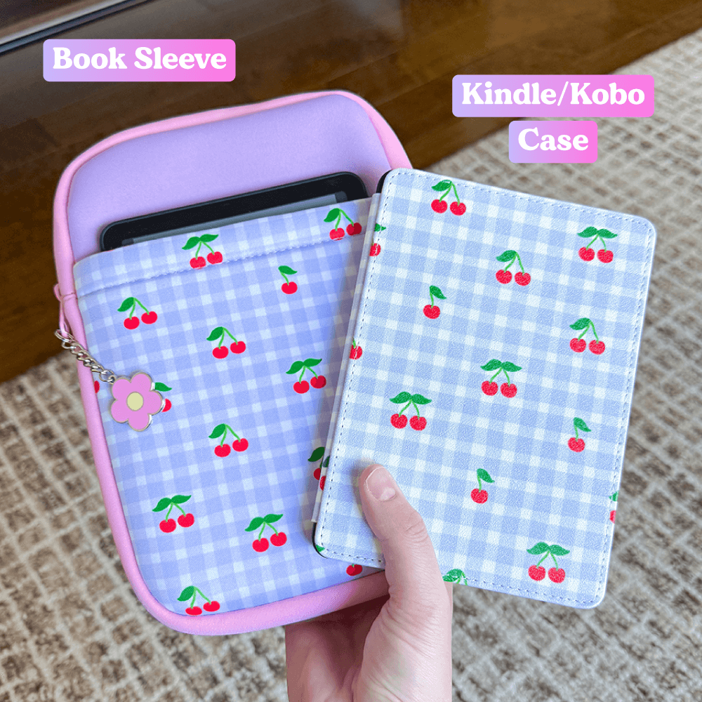 Sprinkle Club - Book sleeve and Kindle/Kobo case with cherry pattern on a blue gingham background