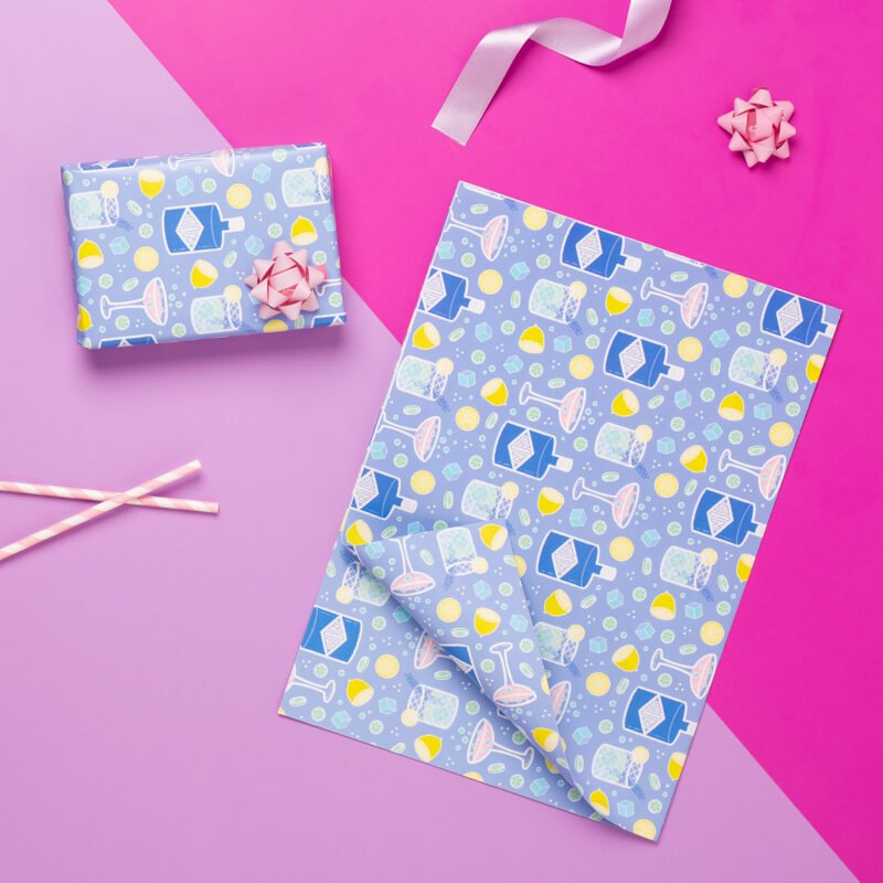Sprinkle Club - A sheet of blue gin and prosecco wrapping paper for a birthday