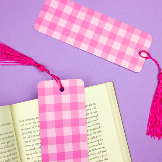 Sprinkle Club - A pastel baby pink gingham bookmark with a bright pink tassel