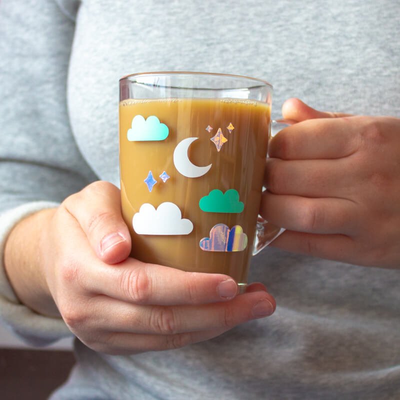 Sprinkle Club - Glass coffee or tea mug with cute clouds, stars and moon vinyl details