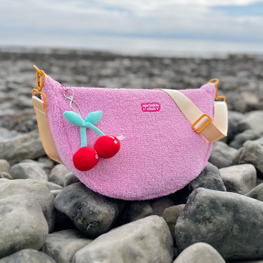 Pink Teddy Crossbody Bag with Cherry Plushie Keychain - Women's
