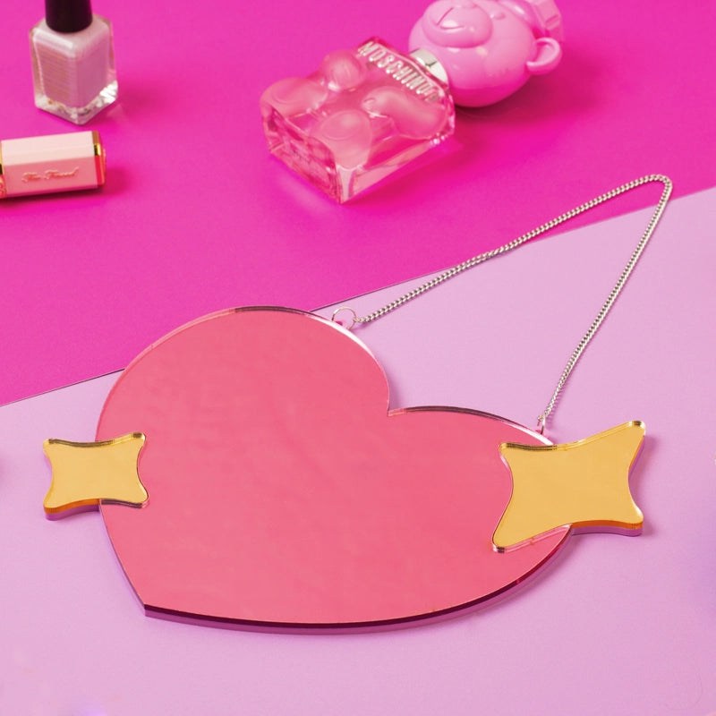 Sprinkle Club - Small pink heart shaped mirror with wall hanging chain