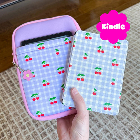 Sprinkle Club - Cherry gingham padded book sleeve and matching Kindle case bundle