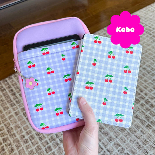 Sprinkle Club - Cherry gingham padded book sleeve and matching pink Kobo Clara case bundle