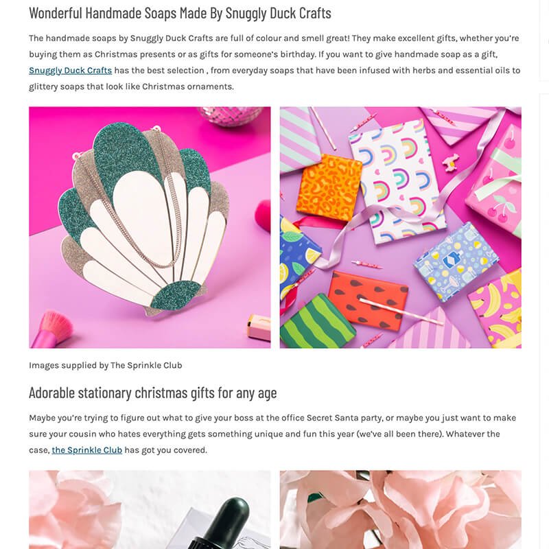 Vibrant, patterned stationery items on a pink background, indicating a range of colourful and fragrant gift options offered by Sprinkle Club
