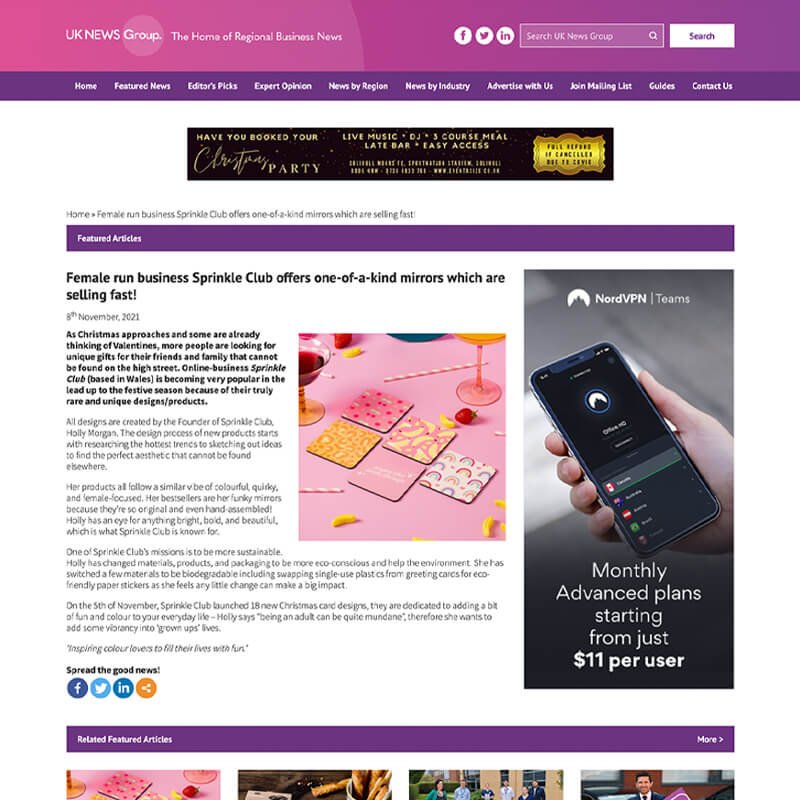 An online news article from 'UK News Group' featuring 'Sprinkle Club', a female-run business with text describing unique, one-of-a-kind mirrors selling fast, surrounded by colourful stationery