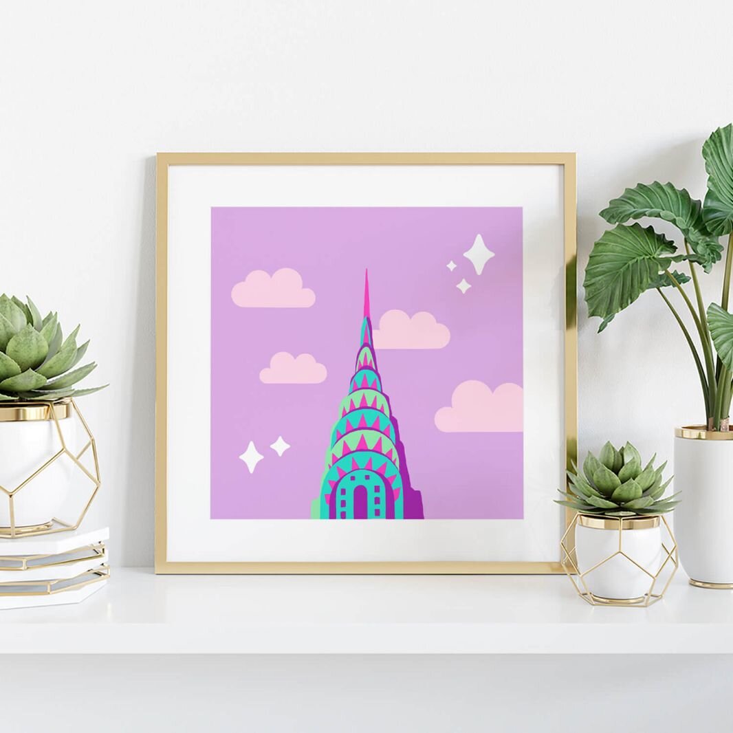 Sprinkle Club - A bright pink and lilac illustration of the new york city chrysler building in a square frame
