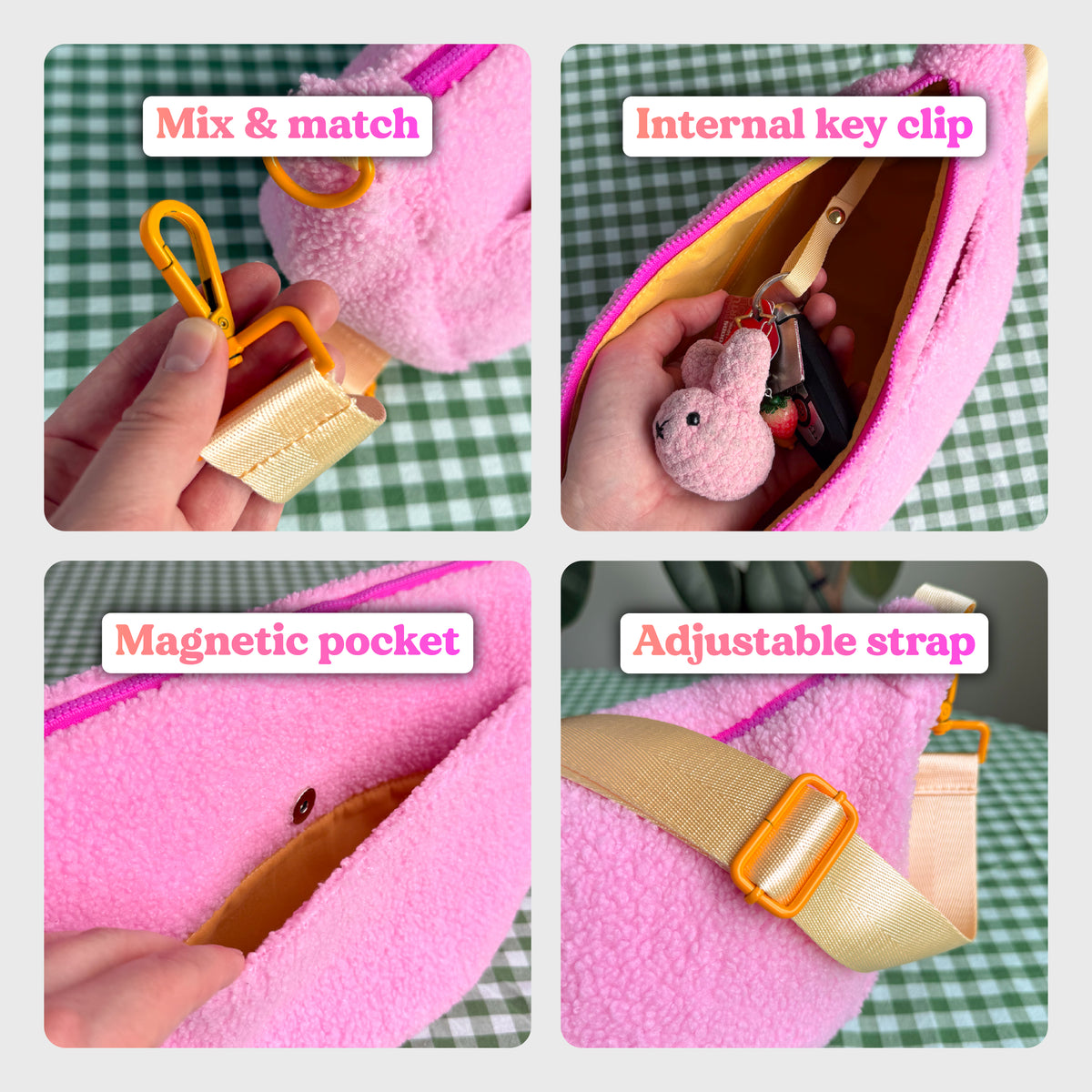 Pink teddy crossbody bag feature collage showing mix-and-match straps, internal key clip, magnetic pocket and adjustable strap