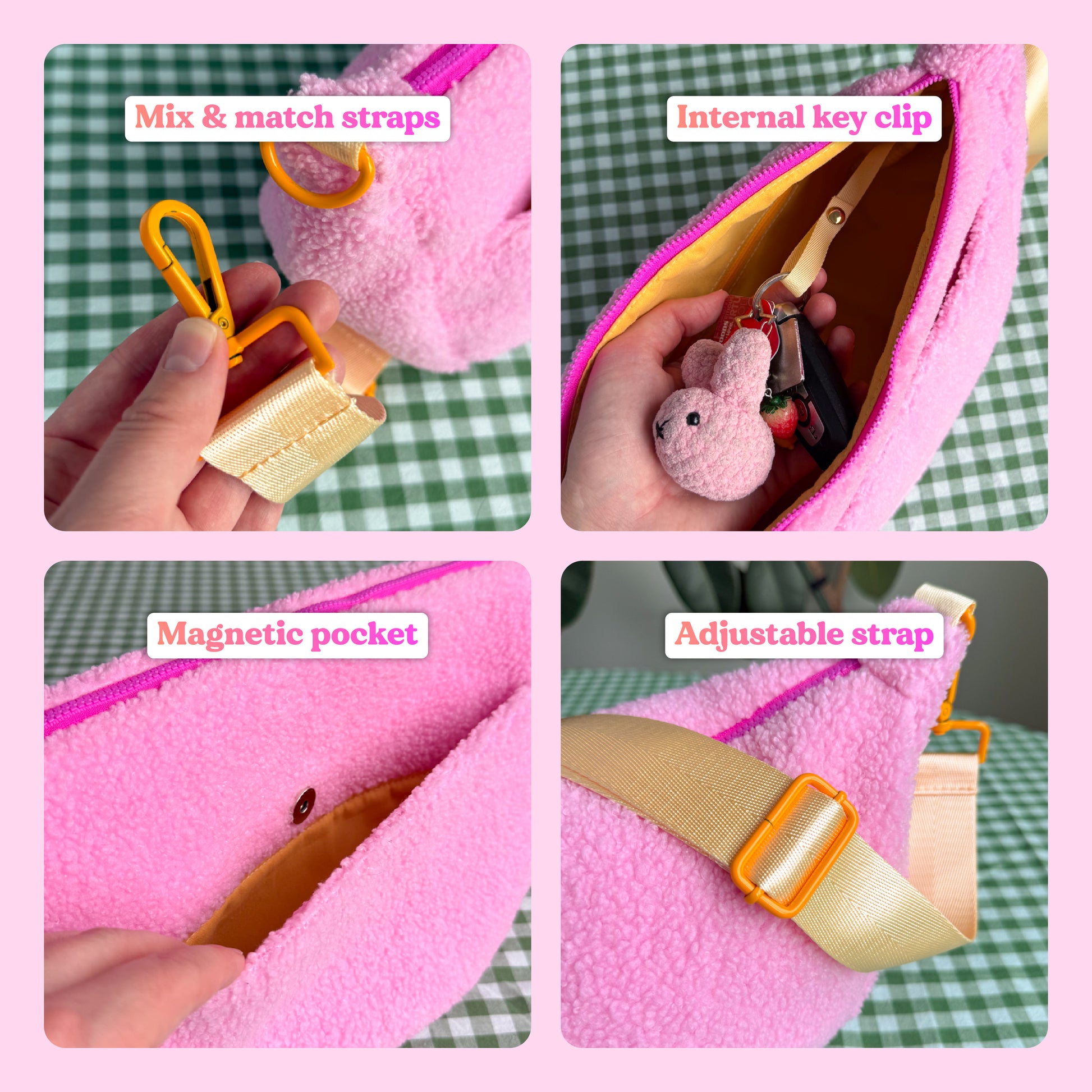 Pink teddy crossbody bag feature collage showing mix-and-match straps, internal key clip, magnetic pocket and adjustable strap