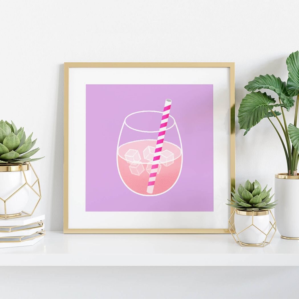 Sprinkle Club - Pastel inspired cocktail glass and straw illustration in a square frame