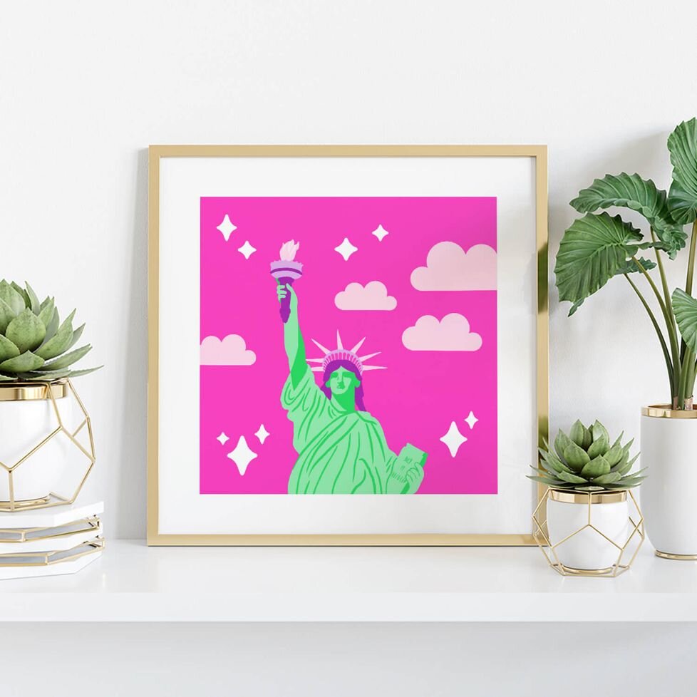 Sprinkle Club - A framed pop art style illustration of the statue of liberty in bright greens and pinks